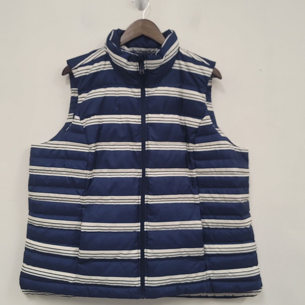 Lands End Womens Down Puffer Vest Size 1X Striped Blue Full Zip Outdoor Nautical